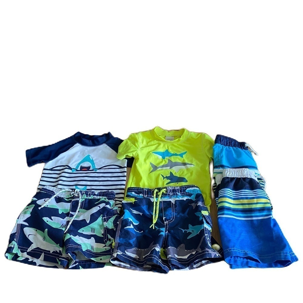 18 mos Boys Swim Bundle Lot Rash Guard Shorts Kids Shark Set - Blue and Green